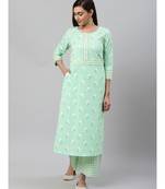 Cotton Floral & Stripe Straight Kurta & Palazoo Setgreen