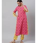Rayon Floral Printed Straight Kurta & Pant Setpink & Yellow