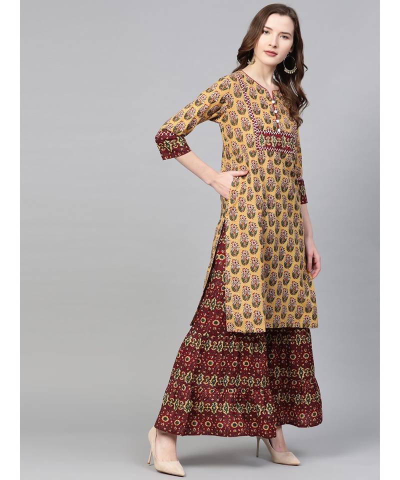 Cotton Floral Printed Straight Kurta & Sharara SetMustard