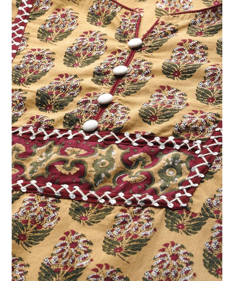 Cotton Floral Printed Straight Kurta & Sharara SetMustard