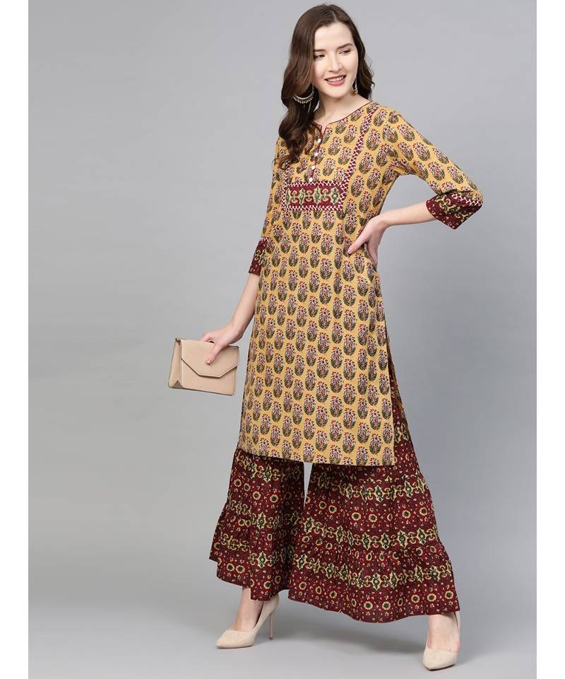 Cotton Floral Printed Straight Kurta & Sharara SetMustard