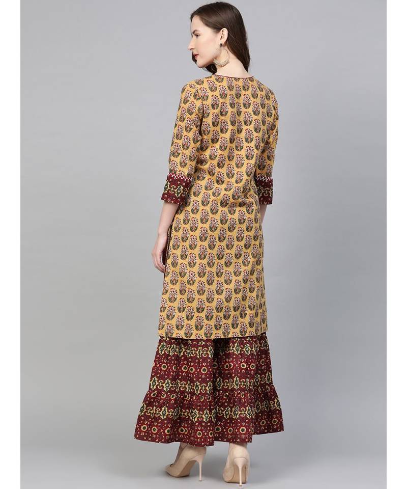 Cotton Floral Printed Straight Kurta & Sharara SetMustard