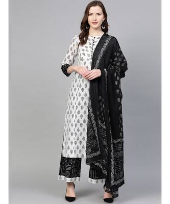 Cotton Floral Printed Straight Kurta With Palazoo & Dupatta Set White & Balck 1