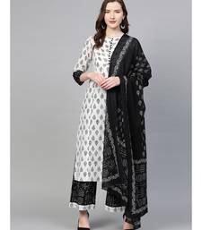 Cotton Floral Printed Straight Kurta With Palazoo & Dupatta Set White & Balck