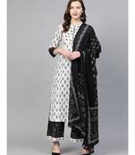 Cotton Floral Printed Straight Kurta With Palazoo & Dupatta Set White & Balck