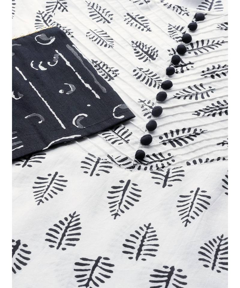 Cotton Floral Printed Straight Kurta With Palazoo & Dupatta Set White & Balck