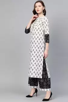 Cotton Floral Printed Straight Kurta With Palazoo & Dupatta Set White & Balck