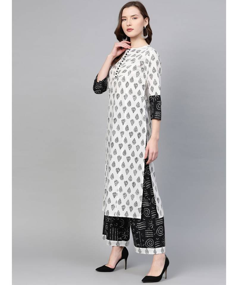 Cotton Floral Printed Straight Kurta With Palazoo & Dupatta Set White & Balck