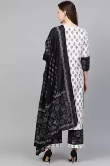 Cotton Floral Printed Straight Kurta With Palazoo & Dupatta Set White & Balck