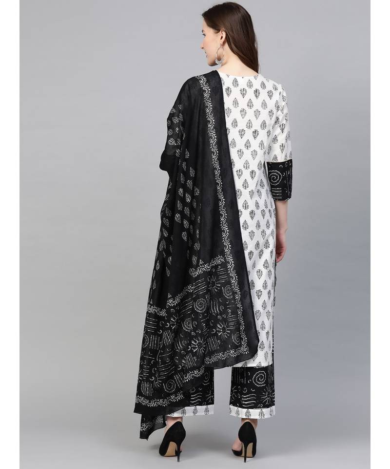 Cotton Floral Printed Straight Kurta With Palazoo & Dupatta Set White & Balck