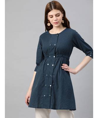 Kantha Cotton Stripes Printed Regular Tunic Blue 1