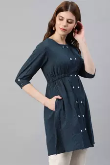 Kantha Cotton Stripes Printed Regular Tunic Blue