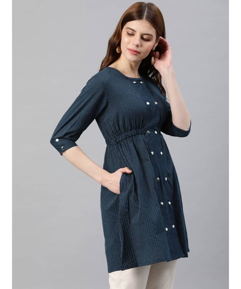 Kantha Cotton Stripes Printed Regular Tunic Blue