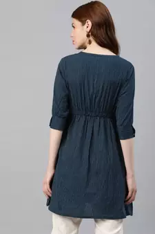 Kantha Cotton Stripes Printed Regular Tunic Blue