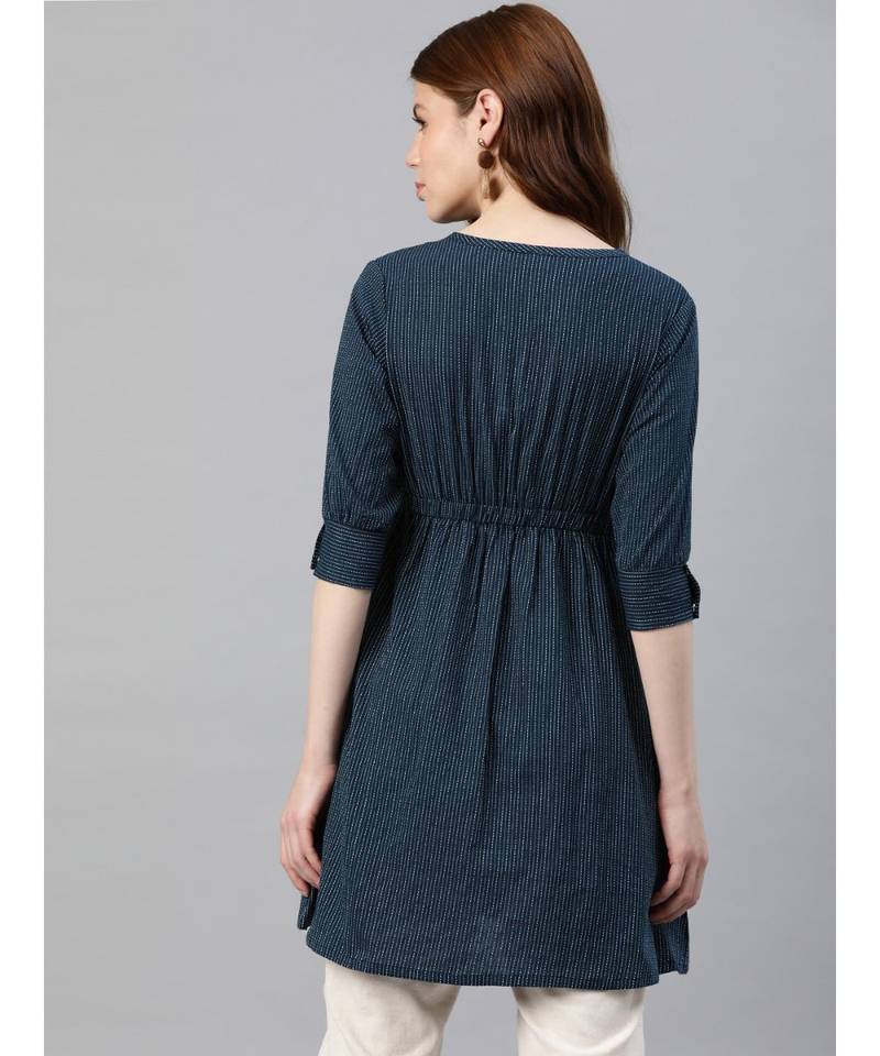 Kantha Cotton Stripes Printed Regular Tunic Blue