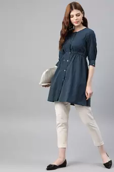 Kantha Cotton Stripes Printed Regular Tunic Blue