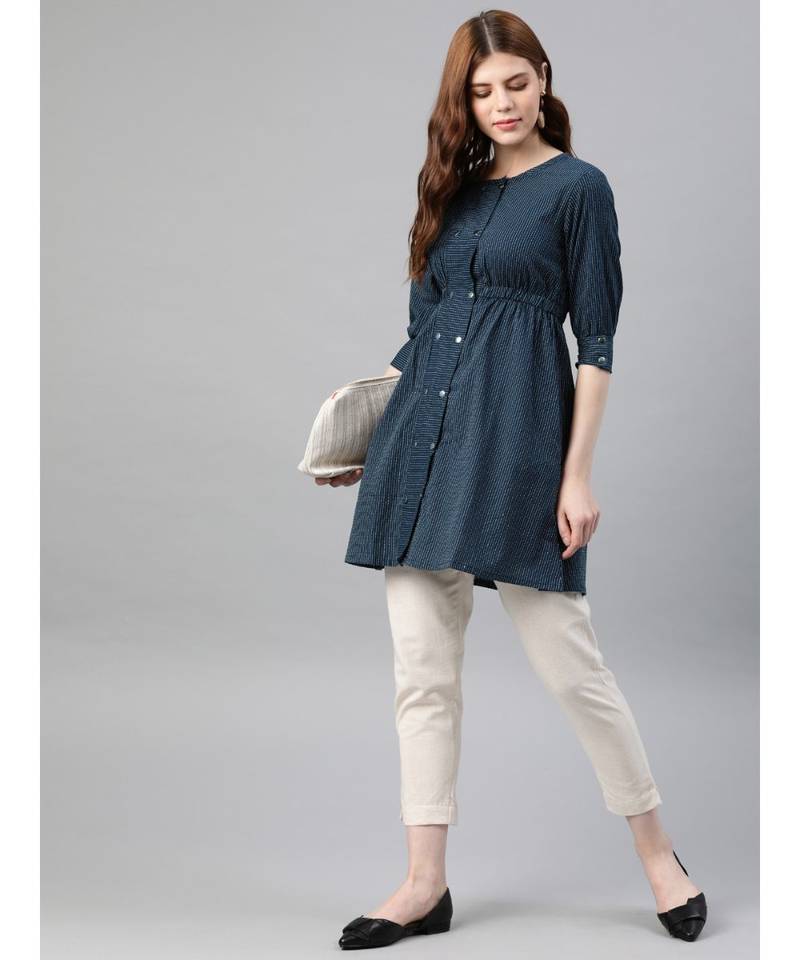 Kantha Cotton Stripes Printed Regular Tunic Blue