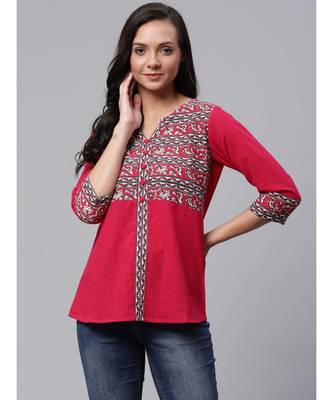 Cotton Slub Kalamkari Printed Regular Top Pink 1