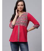 Cotton Slub Kalamkari Printed Regular Top Pink