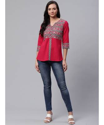 Cotton Slub Kalamkari Printed Regular Top Pink 2
