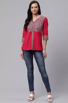 Cotton Slub Kalamkari Printed Regular Top Pink