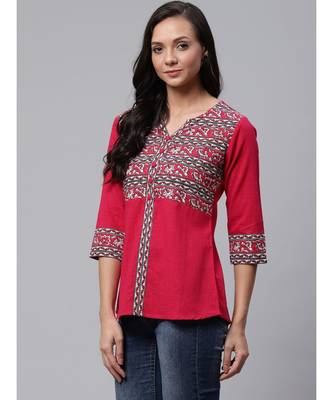 Cotton Slub Kalamkari Printed Regular Top Pink 4