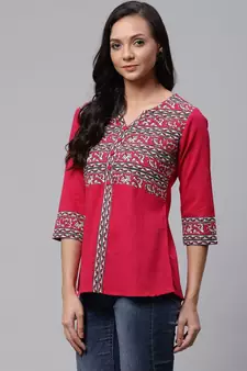 Cotton Slub Kalamkari Printed Regular Top Pink