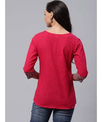 Cotton Slub Kalamkari Printed Regular Top Pink 5