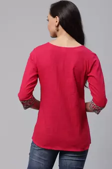 Cotton Slub Kalamkari Printed Regular Top Pink