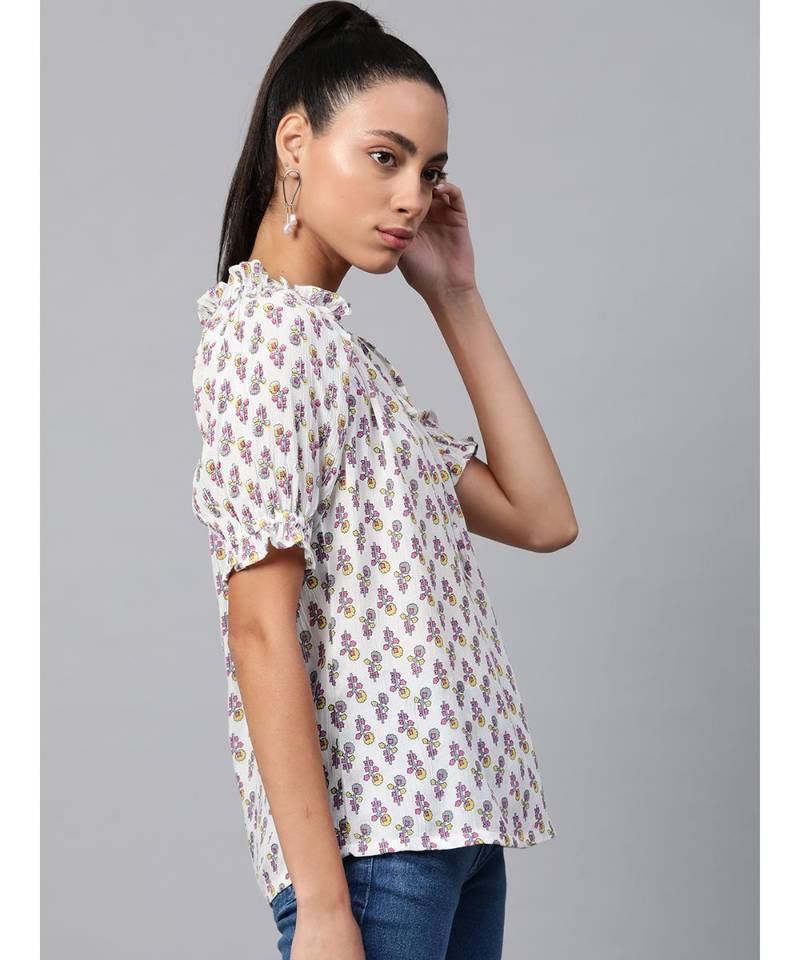 Girls Cotton Crepe Ruffle Frill Floral Printed Top