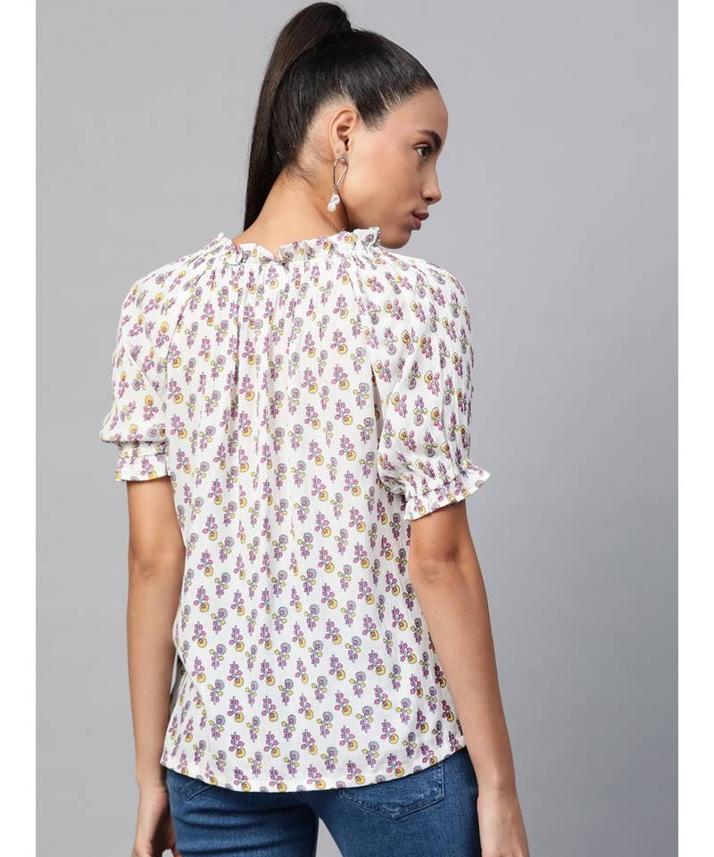 Girls Cotton Crepe Ruffle Frill Floral Printed Top