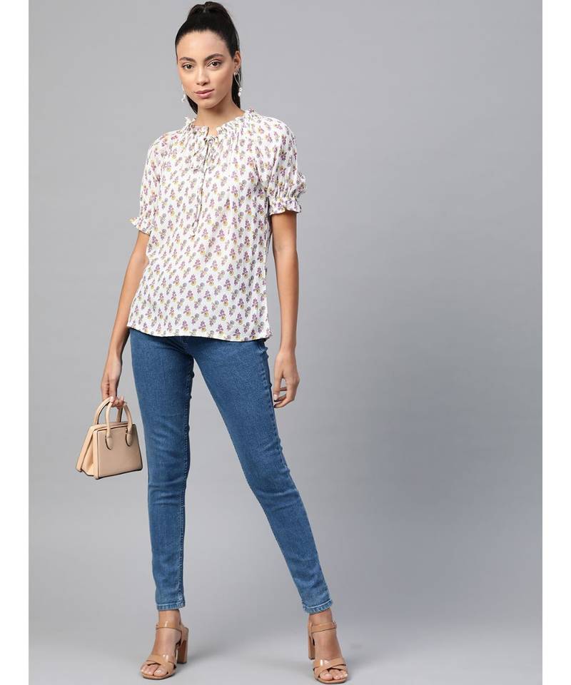 Girls Cotton Crepe Ruffle Frill Floral Printed Top