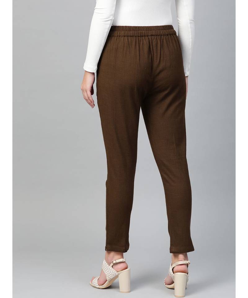 Cotton Slub Solid Regular Fit Casual Trouser Pants Brown