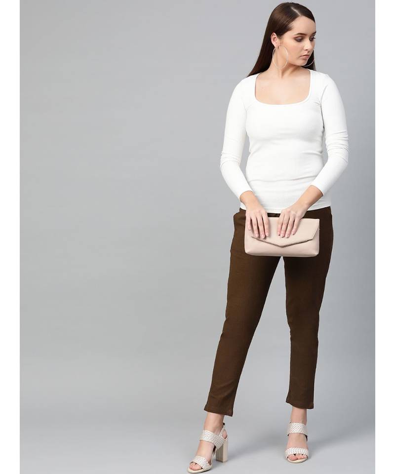 Cotton Slub Solid Regular Fit Casual Trouser Pants Brown