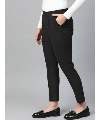 Cotton Slub Solid Regular Fit Casual Trouser Pants Black 2