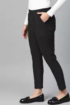 Cotton Slub Solid Regular Fit Casual Trouser Pants Black