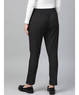Cotton Slub Solid Regular Fit Casual Trouser Pants Black 4