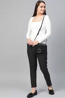 Cotton Slub Solid Regular Fit Casual Trouser Pants Black