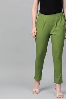 Cotton Slub Solid Regular Fit Casual Trouser Pants Green