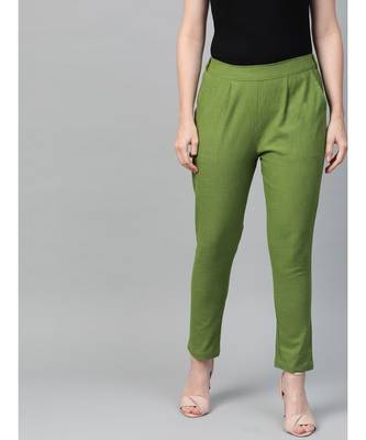 Cotton Slub Solid Regular Fit Casual Trouser Pants Green 1