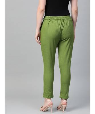 Cotton Slub Solid Regular Fit Casual Trouser Pants Green 3