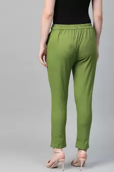 Cotton Slub Solid Regular Fit Casual Trouser Pants Green