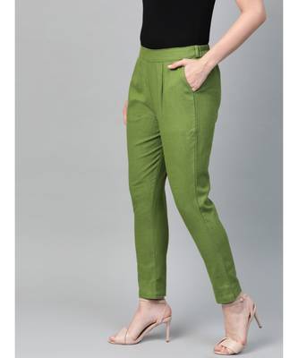 Cotton Slub Solid Regular Fit Casual Trouser Pants Green 4