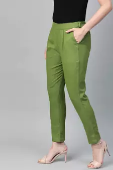 Cotton Slub Solid Regular Fit Casual Trouser Pants Green