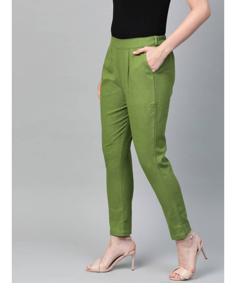 Cotton Slub Solid Regular Fit Casual Trouser Pants Green