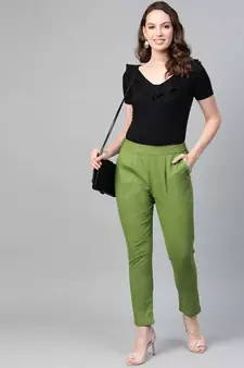 Cotton Slub Solid Regular Fit Casual Trouser Pants Green