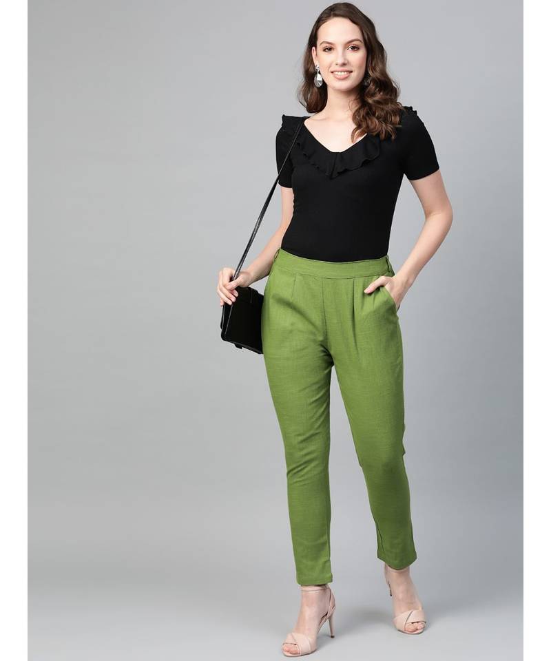 Cotton Slub Solid Regular Fit Casual Trouser Pants Green
