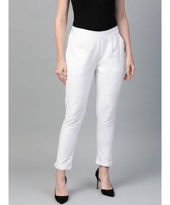 Cotton Slub Solid Regular Fit Casual Trouser Pants White 1