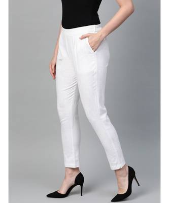 Cotton Slub Solid Regular Fit Casual Trouser Pants White 2