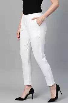 Cotton Slub Solid Regular Fit Casual Trouser Pants White